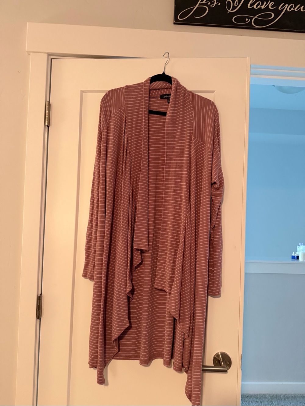Striped Draped Open-Front Cardigan in Dusty Rose